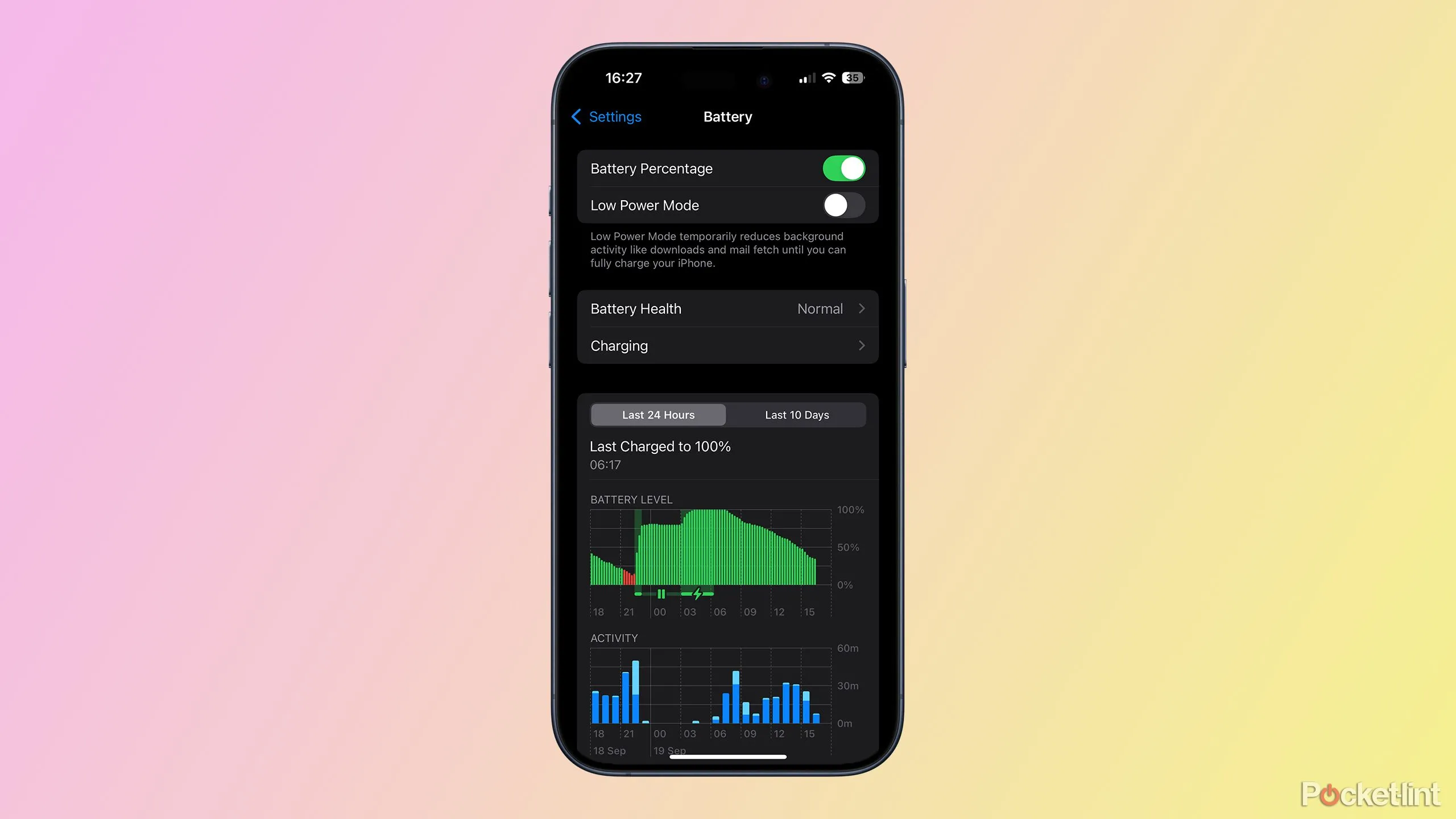 Ảnh chụp màn hình cài đặt pin trên iOS 18, cho thấy mục Sạc pin được tối ưu hóa
