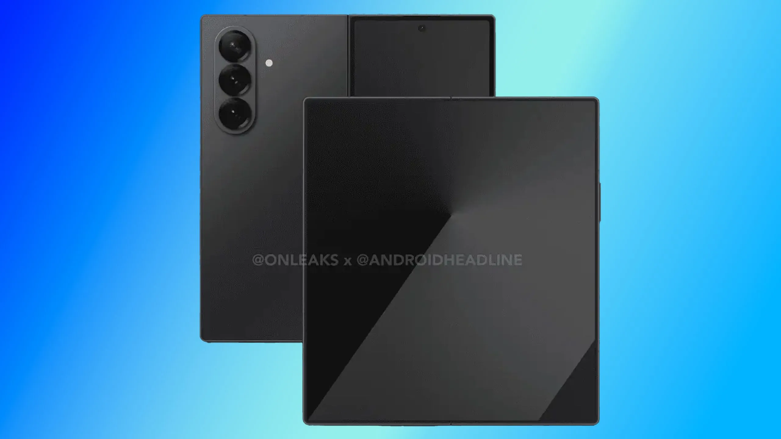 Ảnh render rò rỉ của điện thoại gập Samsung Galaxy Z Fold 7 trên nền xanh, hé lộ thiết kế mỏng hơn