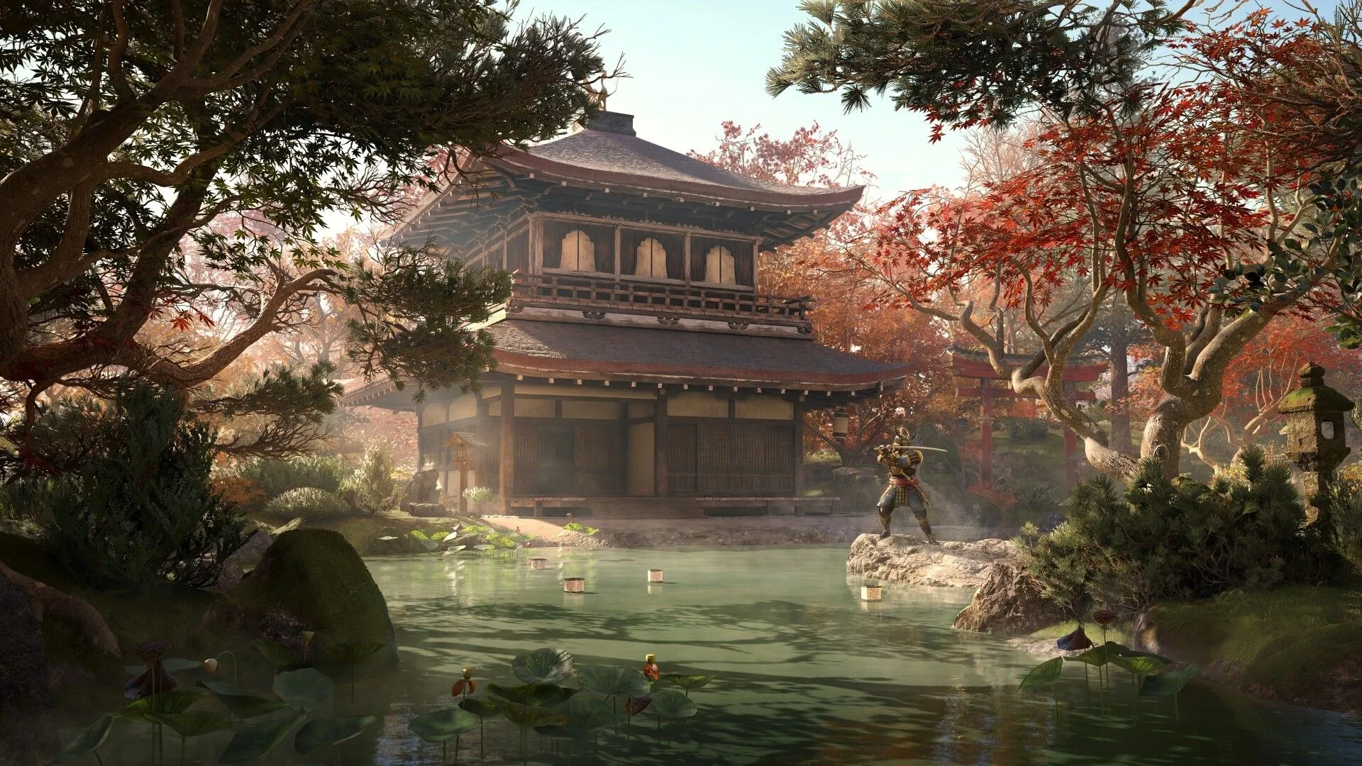 Cảnh quan ngôi làng Nhật Bản yên bình với cây cối thay đổi theo mùa trong Assassin's Creed Shadows.