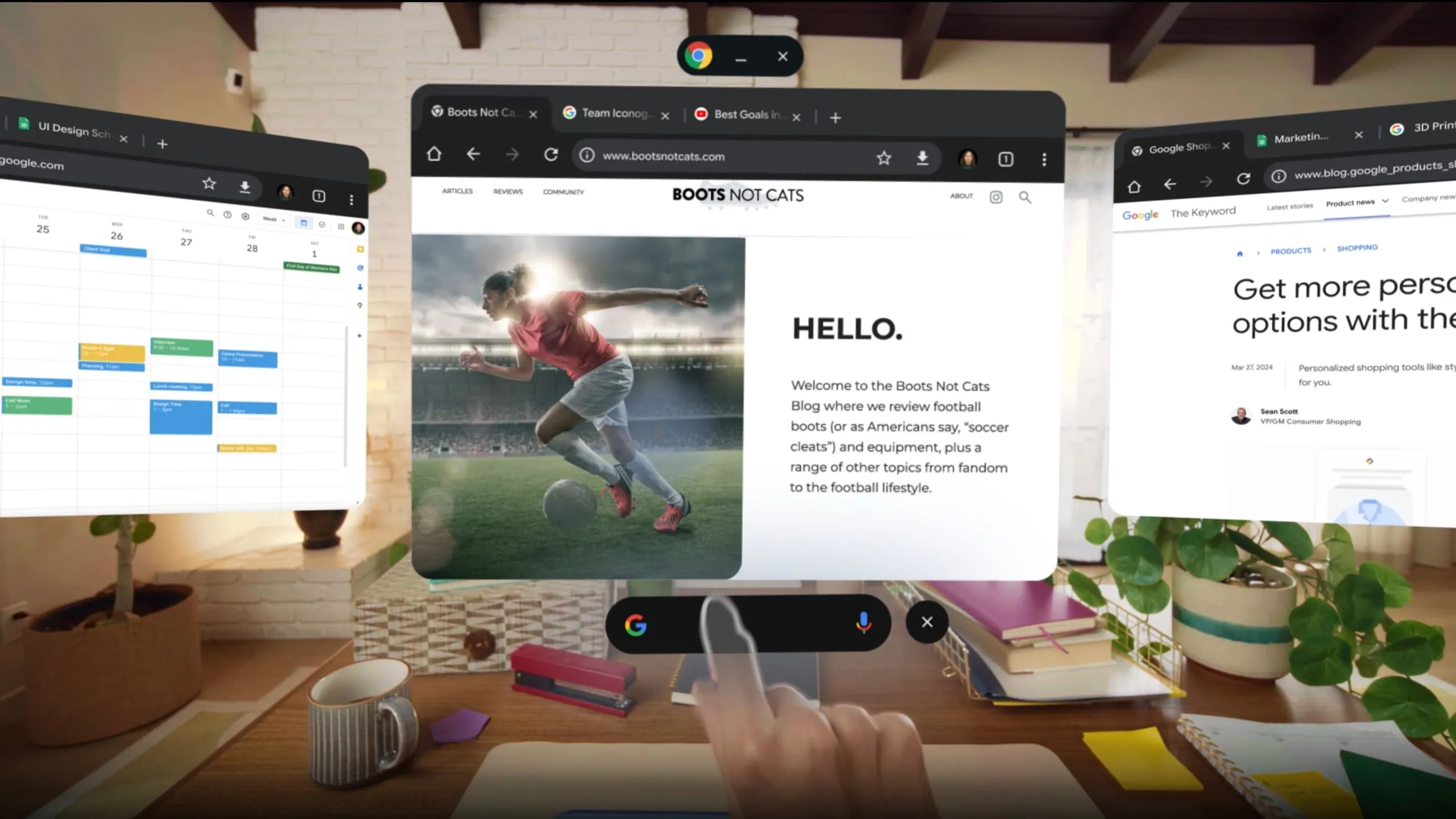 Giao diện trình duyệt Google Chrome trên môi trường Android XR, gợi ý hướng phát triển hợp tác tương lai giữa Google và Samsung trong thực tế mở rộng.