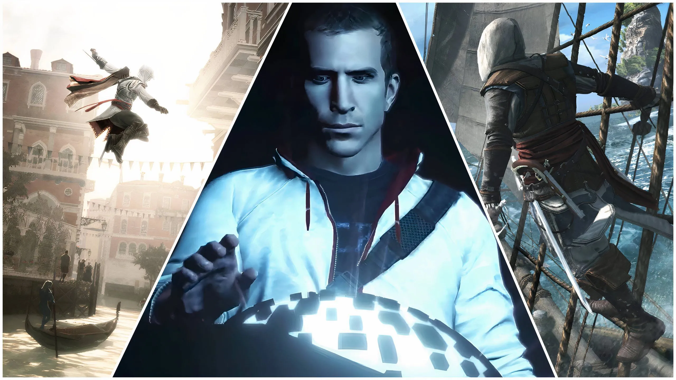 Hình ảnh ba nhân vật chính từ các thời kỳ khác nhau trong game Assassin's Creed: Ezio Auditore, Desmond Miles và Edward Kenway.