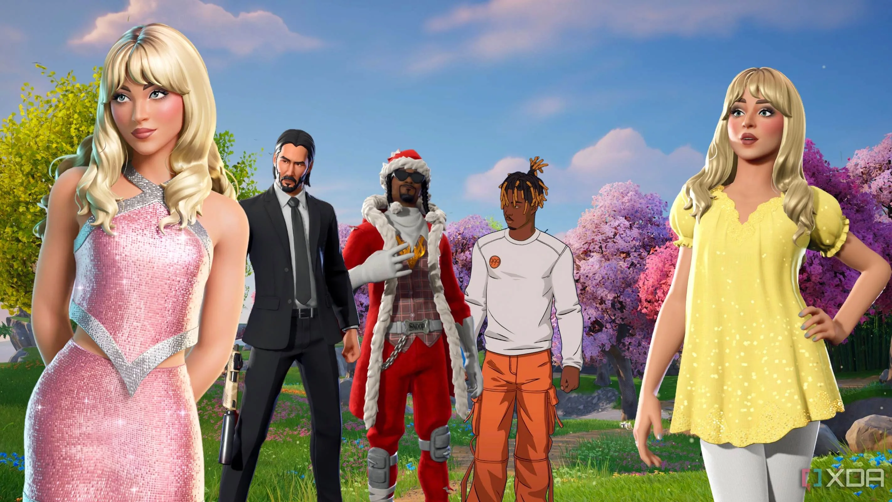 Hình ảnh các nhân vật nổi tiếng như Sabrina Carpenter, Keanu Reeves, Snoop Dogg, Juice Wrld xuất hiện trong game Fortnite với skin đặc trưng, thể hiện sự đa dạng của tựa game battle royale này.