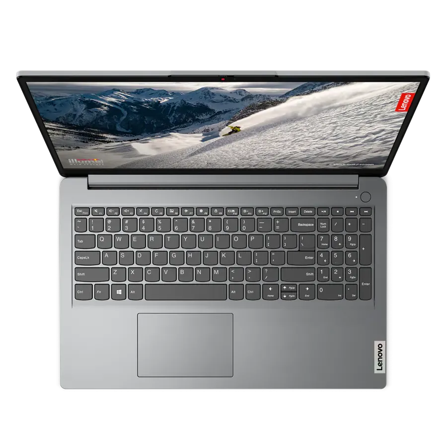 Hình ảnh chụp từ trên xuống của laptop Lenovo IdeaPad 1i màu Storm Grey với màn hình mở