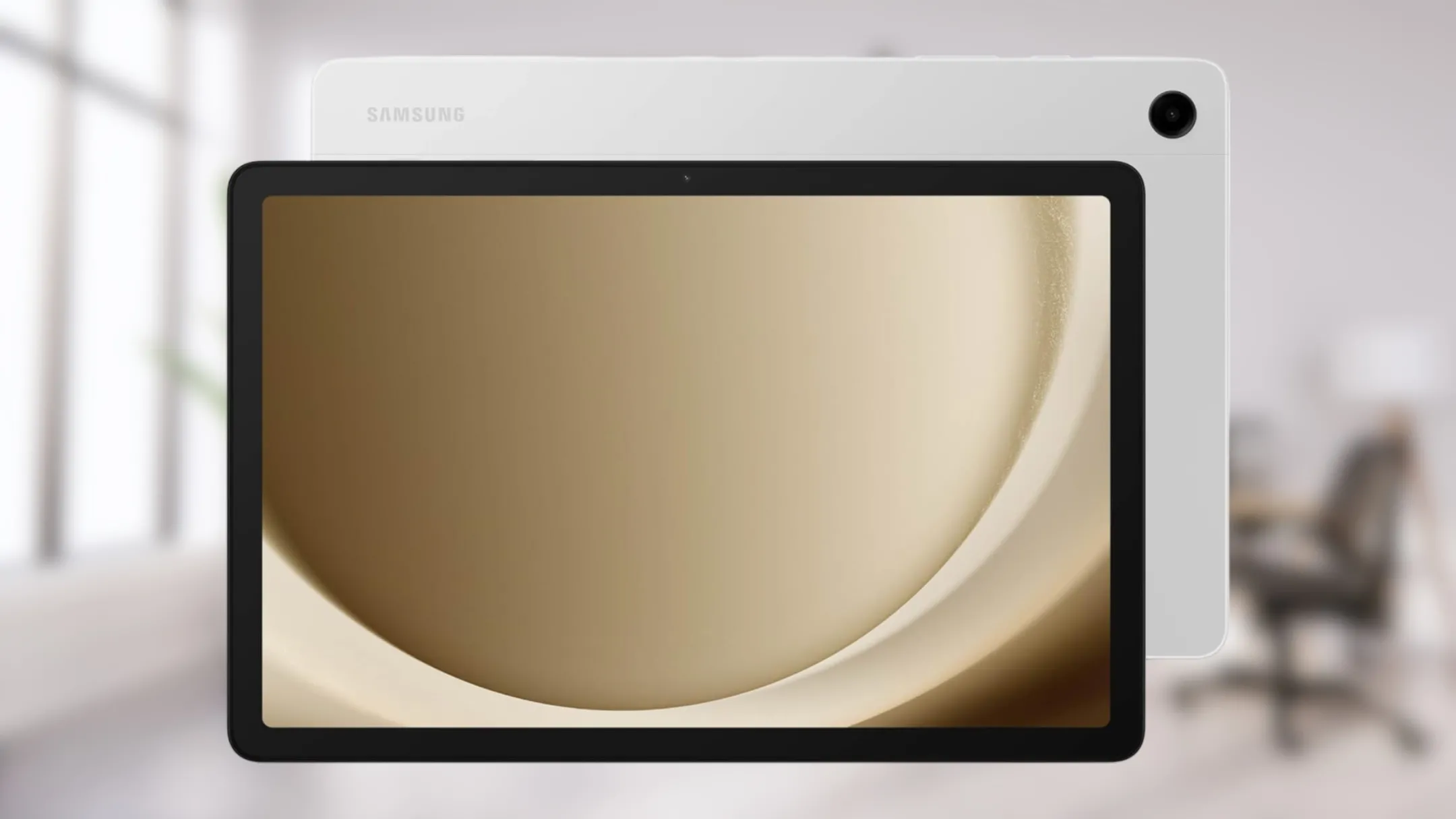 Máy tính bảng Samsung Galaxy Tab A9+ màu xám đặt trên nền trắng