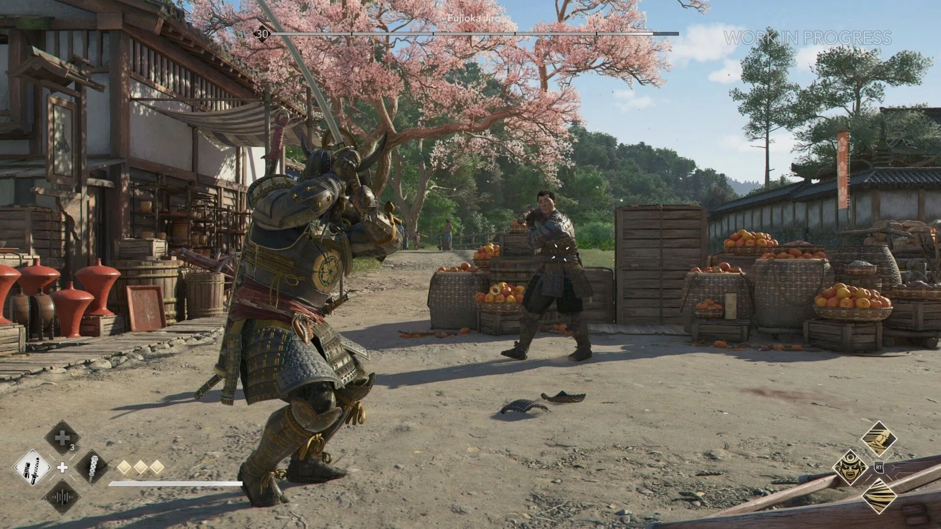 Nhân vật Yasuke trong trang phục samurai đứng trước cổng thành kiên cố trong game Assassin's Creed Shadows.
