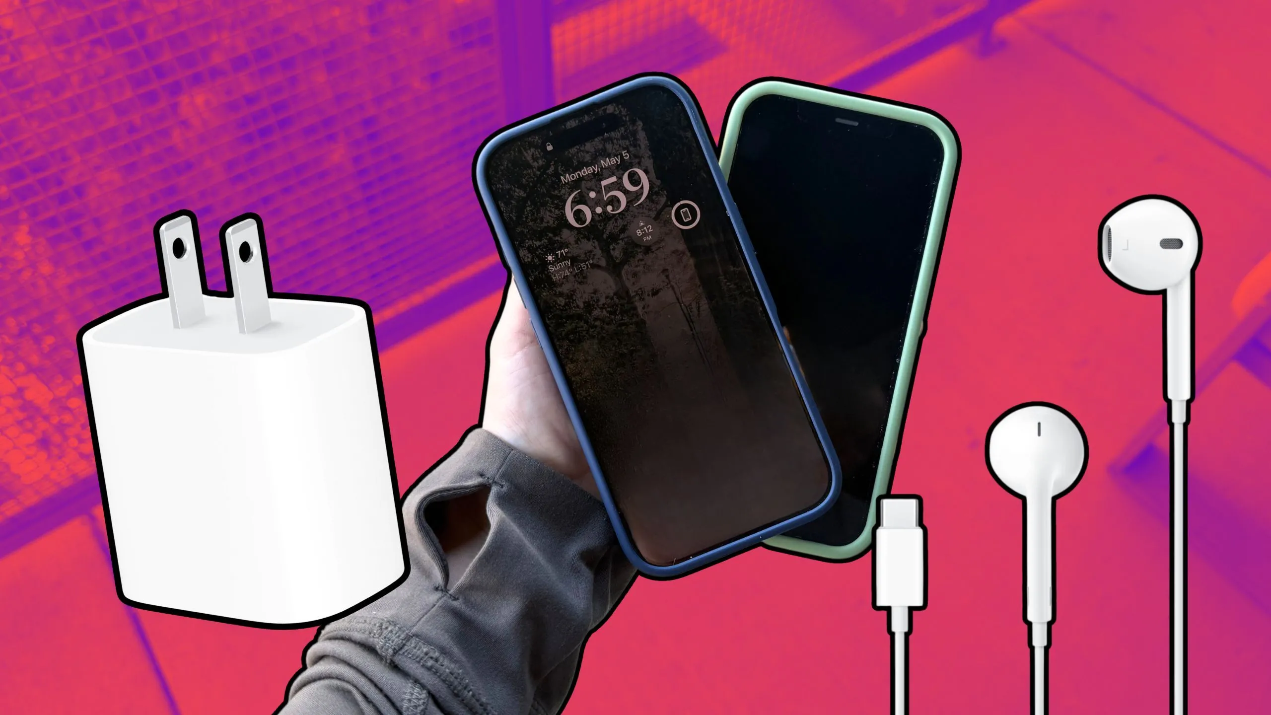 Phụ kiện Apple gồm củ sạc, iPhone và EarPods