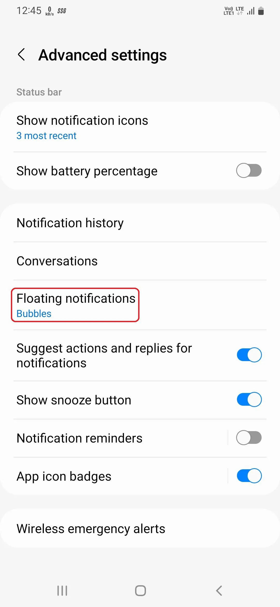 Bật thông báo nổi trong cài đặt nâng cao của Samsung Galaxy