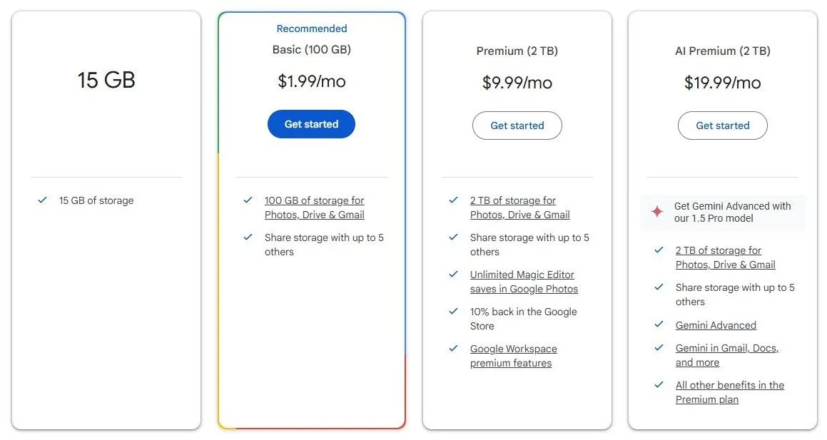 Các gói đăng ký Google One hiển thị mức giá và dung lượng lưu trữ đám mây