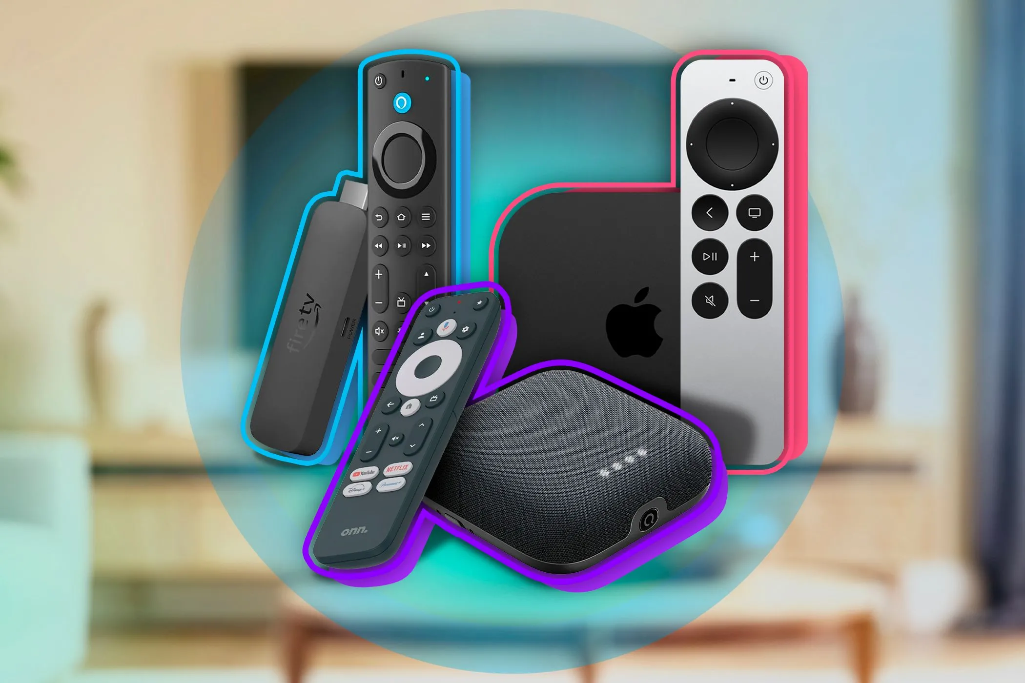 Các thiết bị streaming như Fire TV Stick, Chromecast, Apple TV và Roku đặt cạnh nhau, minh họa cho những phụ kiện giờ đây Smart TV có thể thay thế.