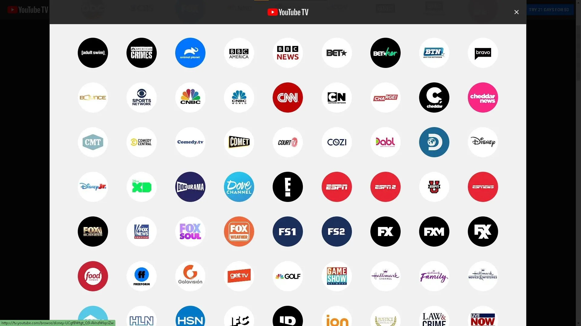 Danh sách các kênh truyền hình trực tiếp có trên YouTube TV, bao gồm các kênh tin tức, giải trí và thể thao.