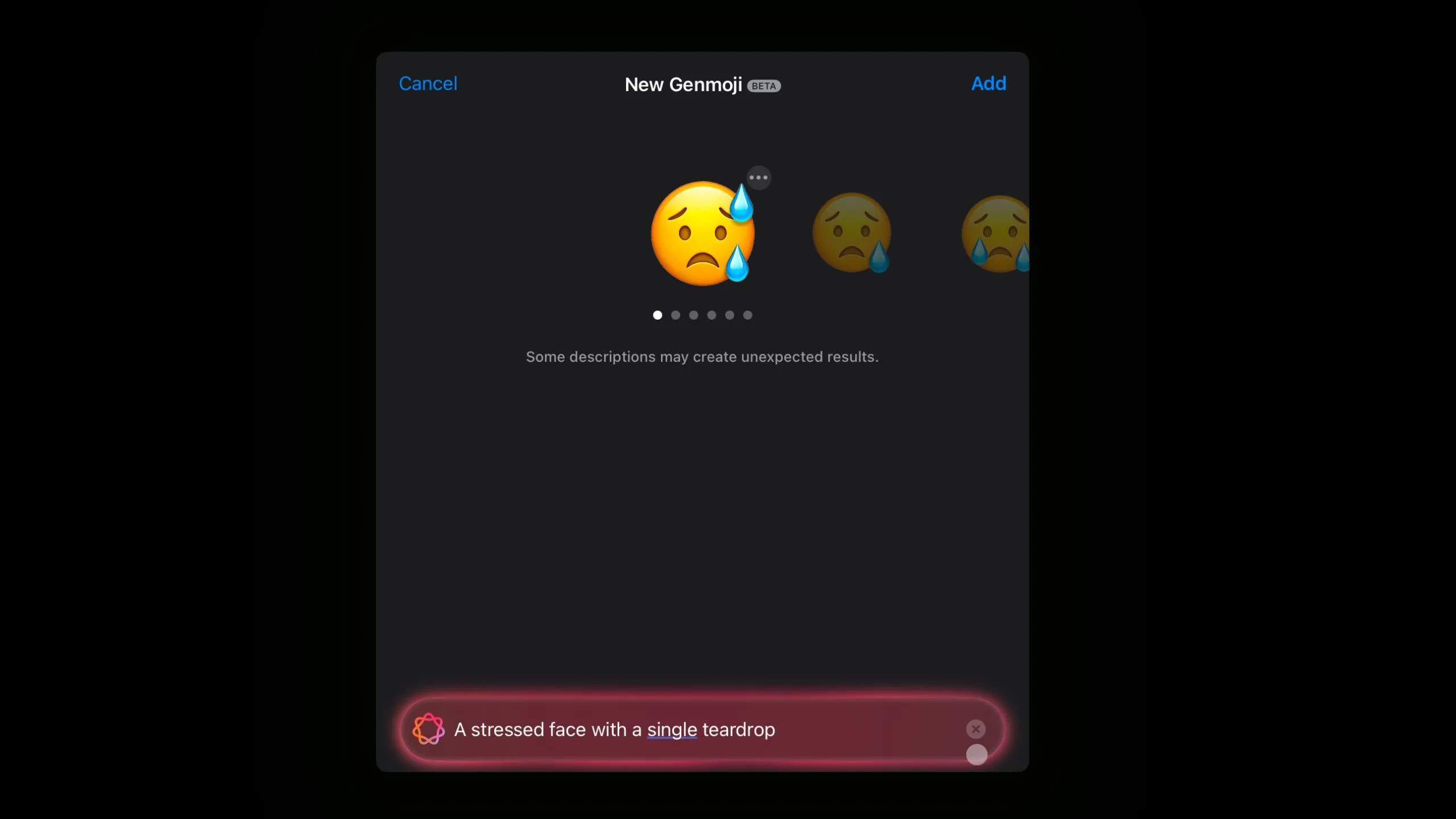 Emoji khuôn mặt căng thẳng với hai giọt nước mắt dù yêu cầu chỉ một do Genmoji tạo ra