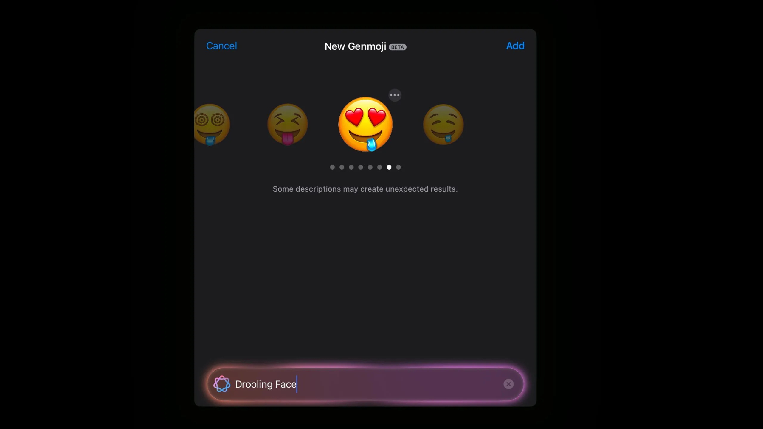 Emoji mặt chảy dãi với mắt hình trái tim không mong muốn do Genmoji tạo ra