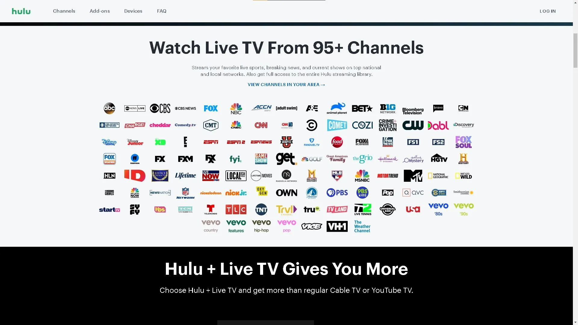 Giao diện các kênh truyền hình trực tiếp có sẵn trên Hulu + Live TV, hiển thị đa dạng nội dung từ tin tức, thể thao đến giải trí.