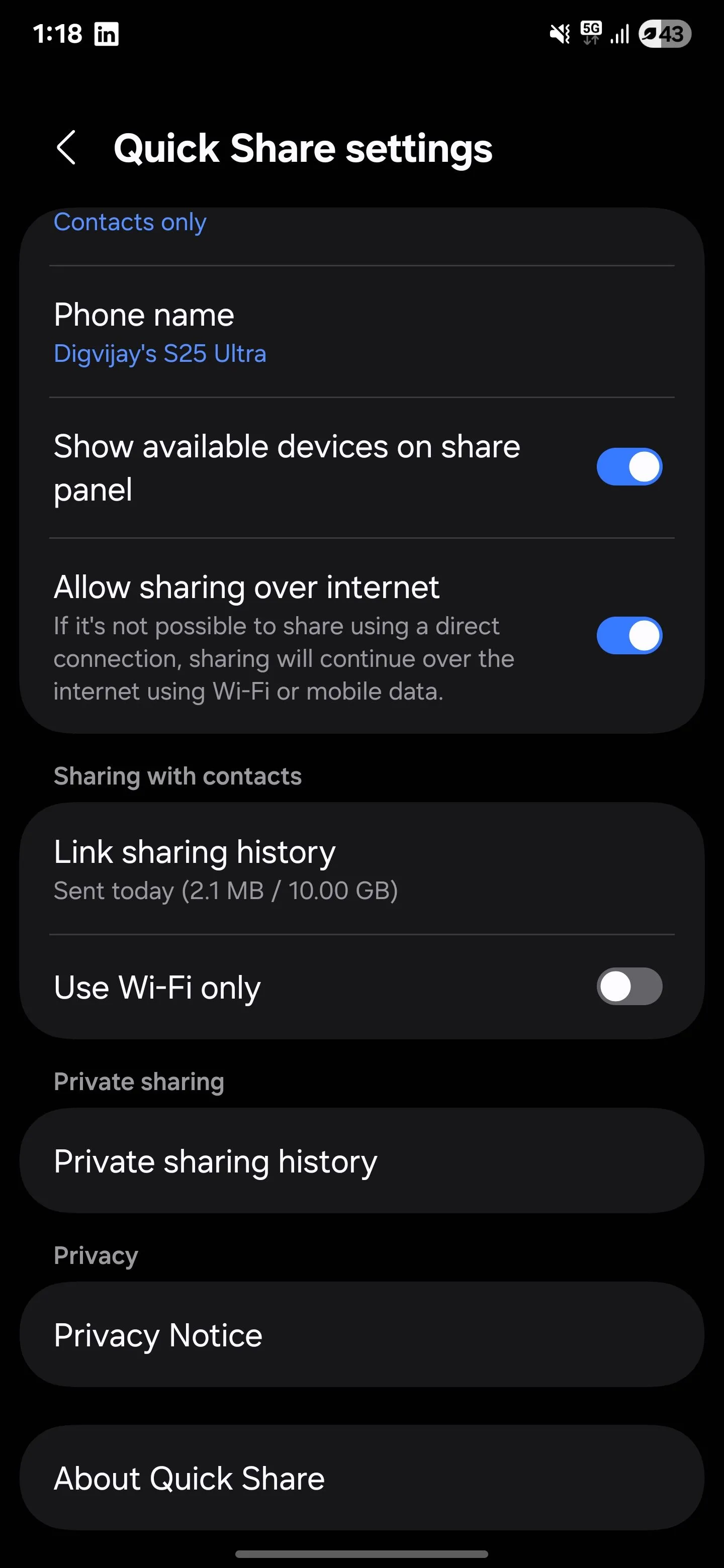 Giao diện cài đặt Quick Share trên điện thoại Samsung Galaxy hiển thị các tùy chọn chia sẻ.