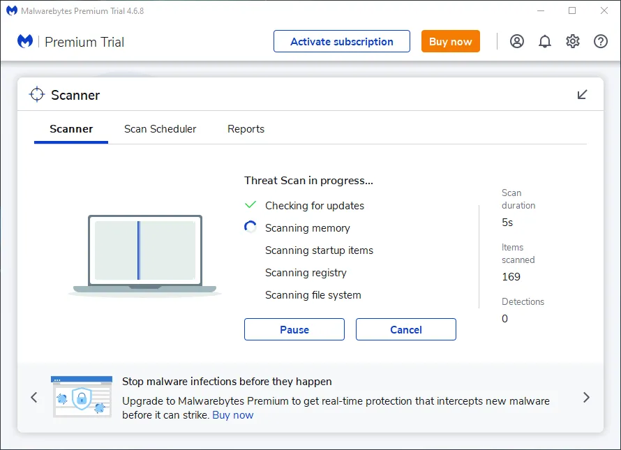 Giao diện phần mềm Malwarebytes, công cụ hiệu quả trong việc phát hiện và chặn các mối đe dọa trực tuyến và lừa đảo.