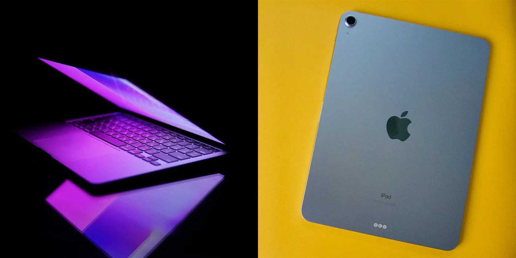 Hình ảnh so sánh MacBook Air và iPad Air, hai thiết bị cạnh tranh trong việc đáp ứng nhu cầu làm việc.