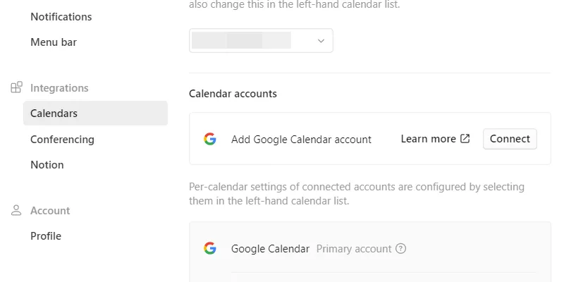 Kết nối tài khoản Google Calendar với Notion Calendar.