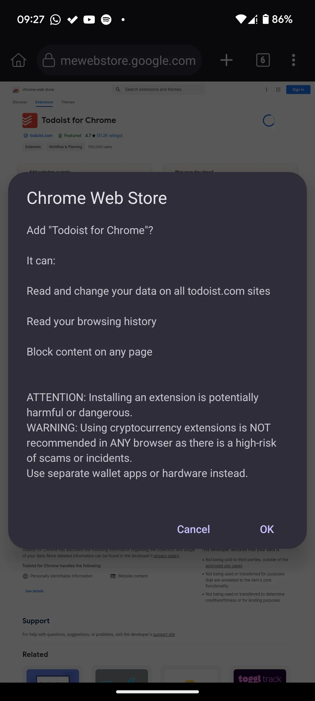 Màn hình cài đặt tiện ích Todoist trong Kiwi Browser trên Android với tùy chọn &quot;Thêm vào Chrome&quot;.