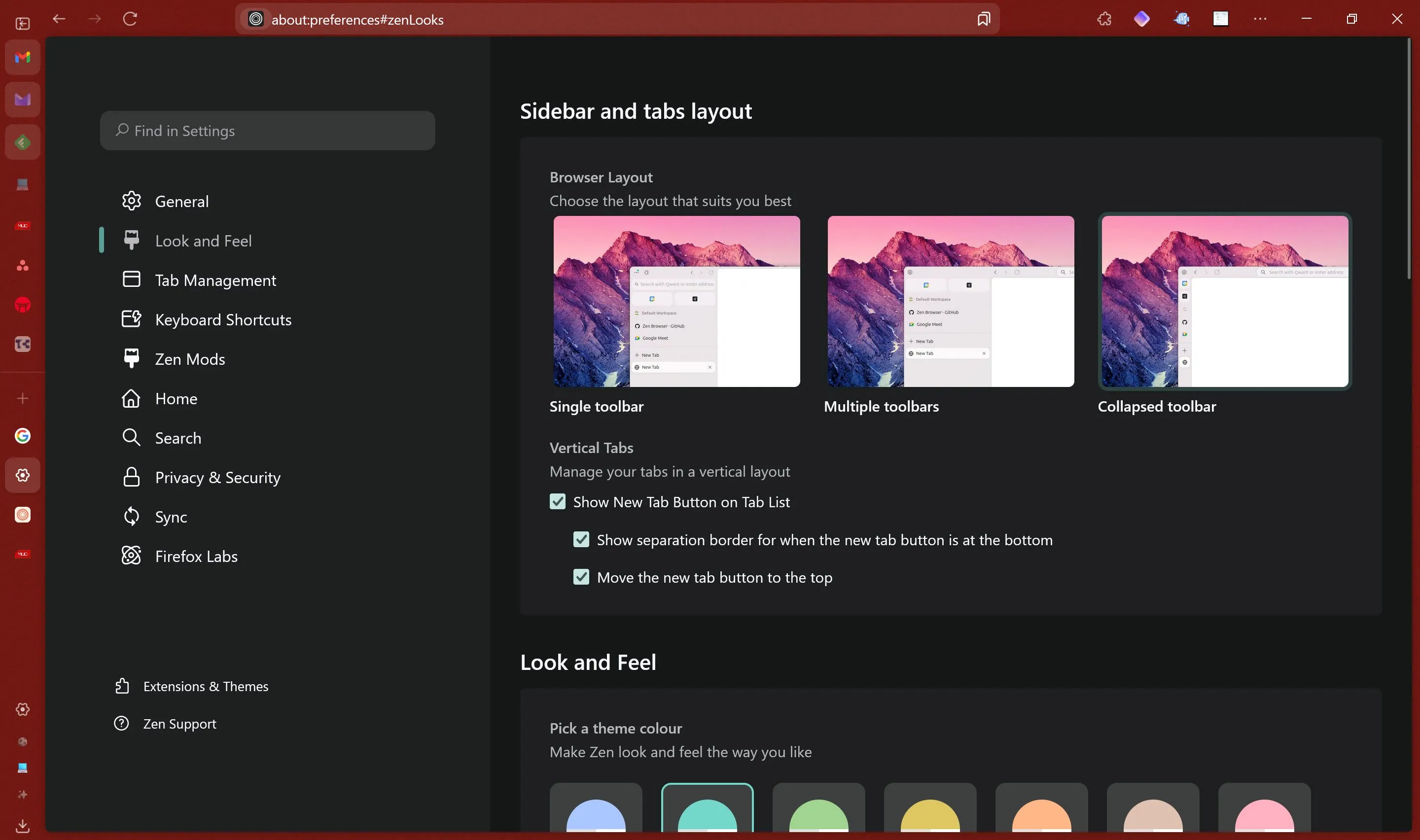 Màn hình cài đặt tùy chỉnh của Zen Browser, hiển thị các tùy chọn cá nhân hóa giao diện và trải nghiệm người dùng.