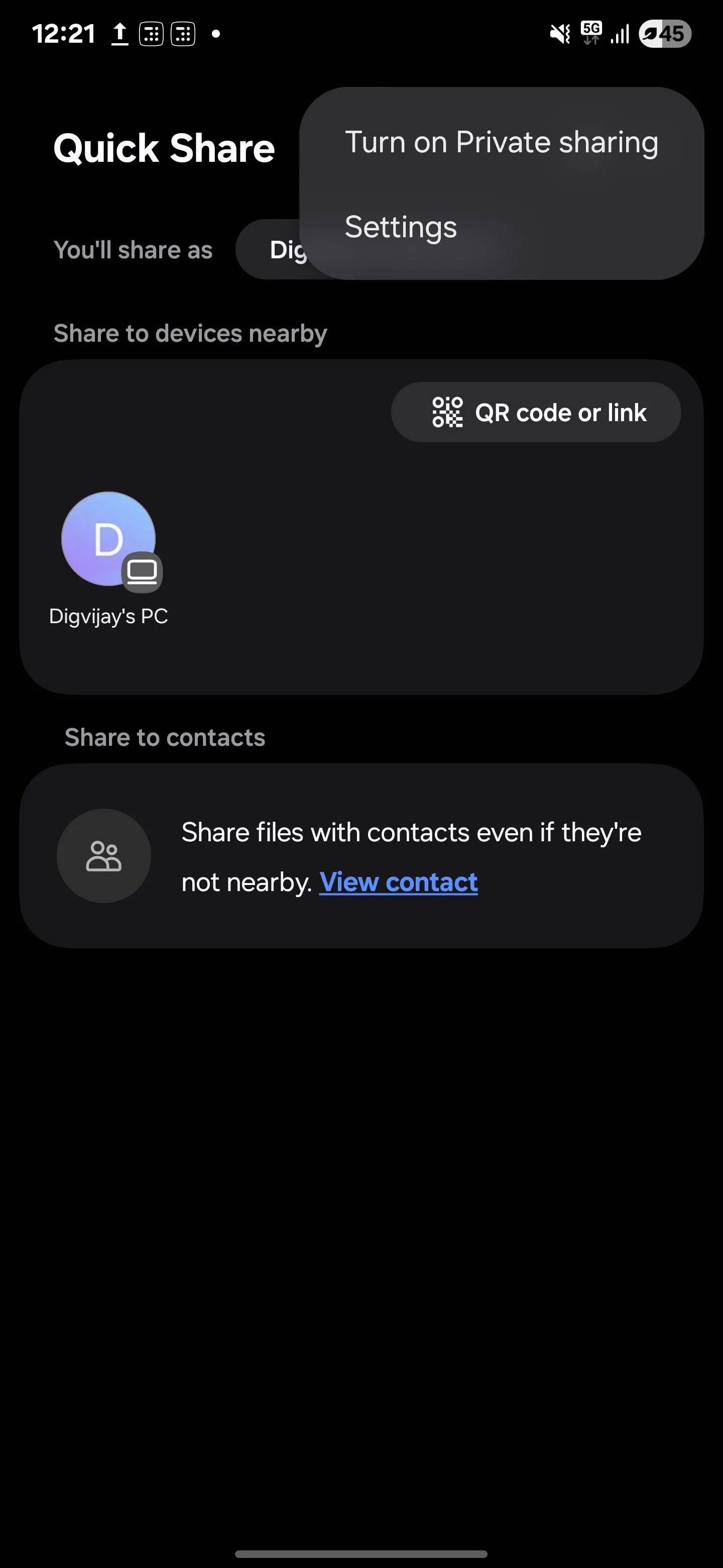 Màn hình điện thoại Samsung hiển thị tùy chọn bật tính năng Chia sẻ Riêng tư (Private Sharing) trong Quick Share.