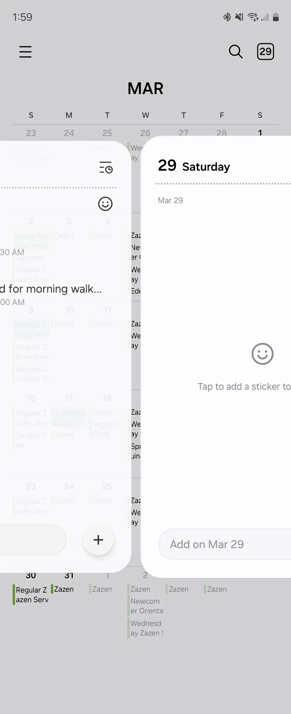 Màn hình Lịch Samsung khi vuốt giữa hai sự kiện, thể hiện thao tác điều hướng mượt mà