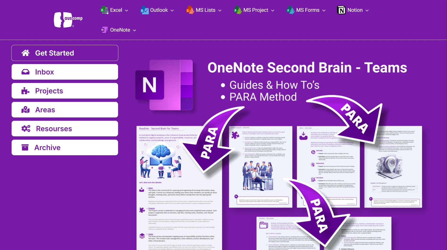 Mẫu OneNote &quot;Second Brain&quot; từ Auscomp giúp tổ chức thông tin và ý tưởng.