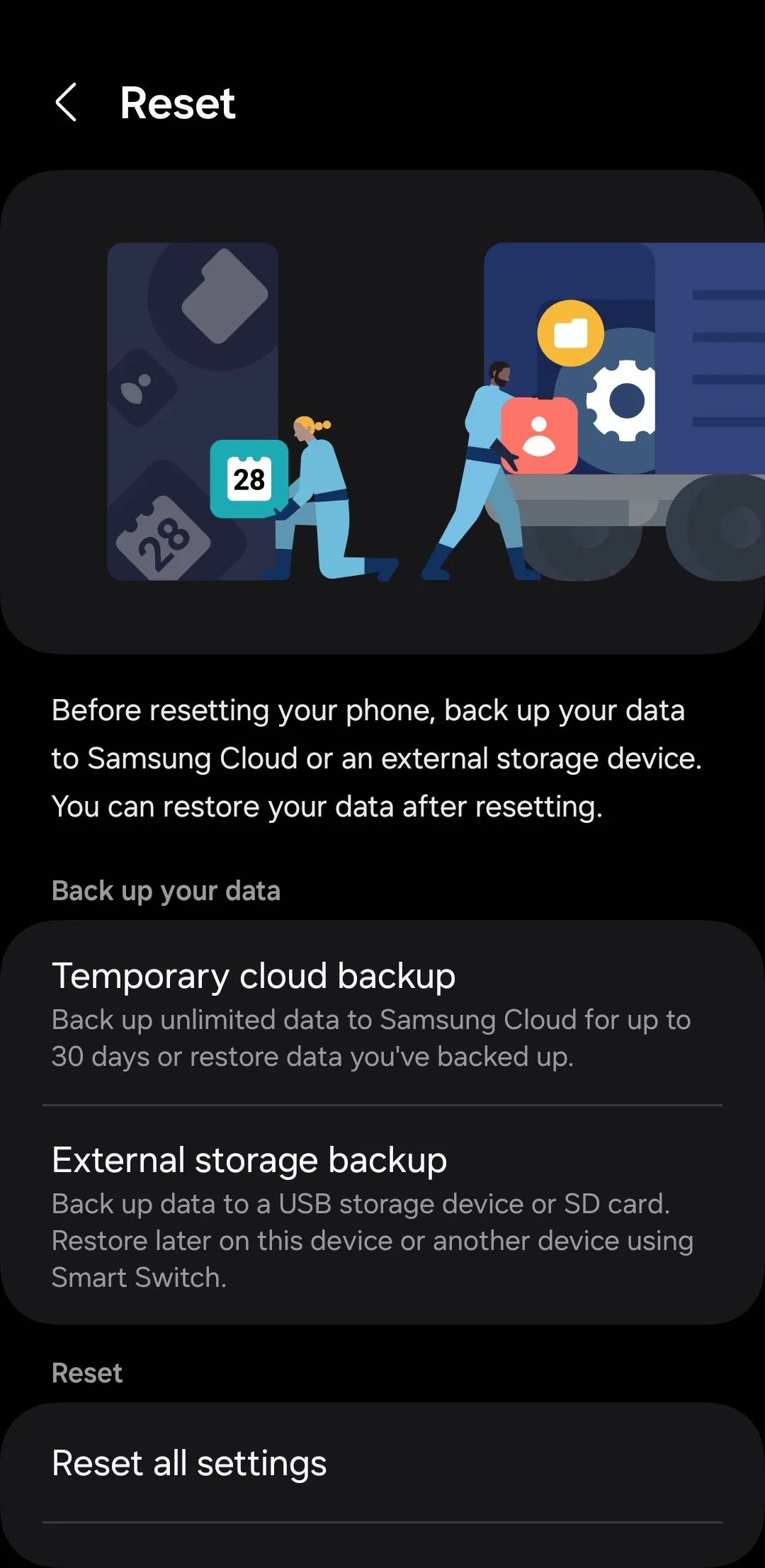 Menu Đặt lại (Reset) trên điện thoại Samsung, bao gồm tùy chọn khôi phục cài đặt gốc