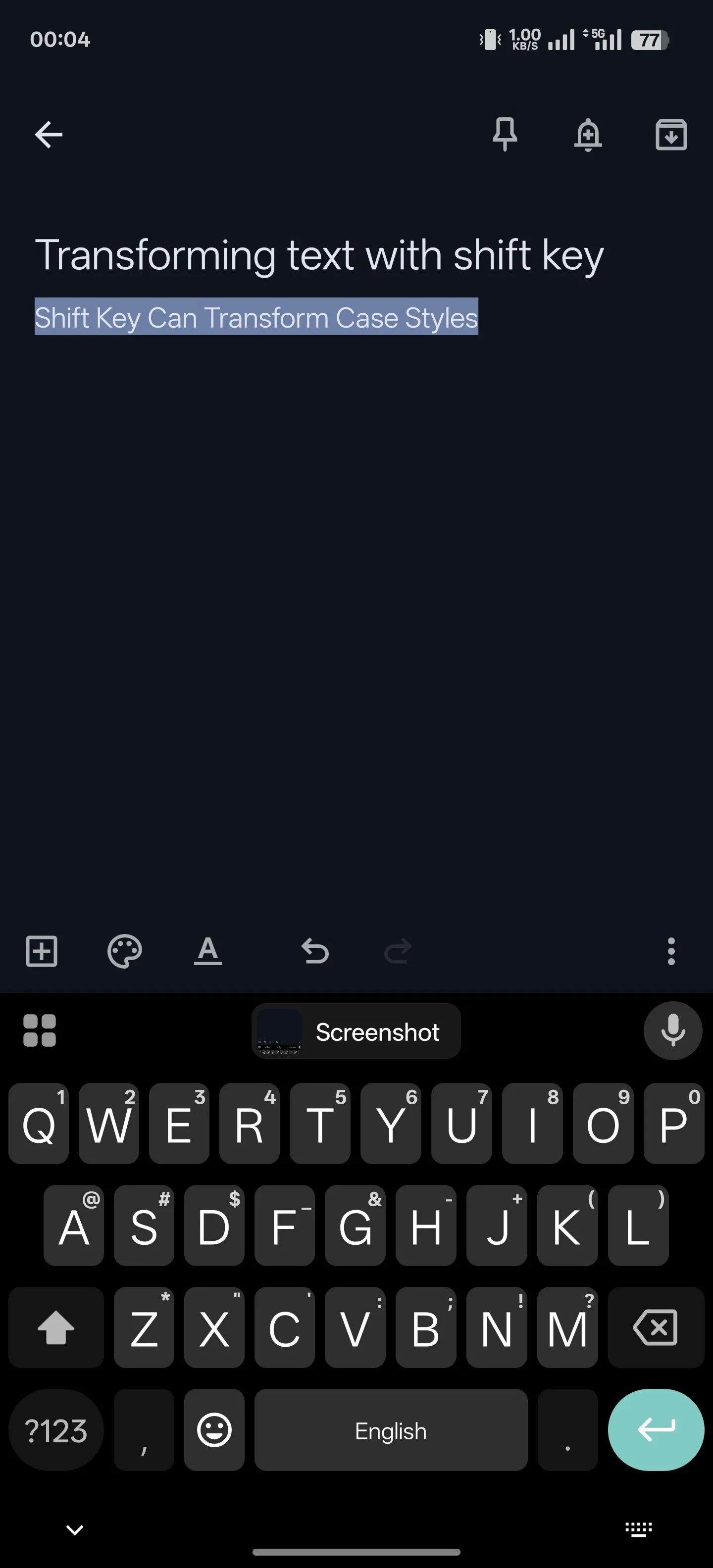 Minh họa cách sử dụng phím Shift trên Gboard để nhanh chóng chuyển đổi kiểu chữ sang &quot;viết hoa chữ cái đầu&quot; (startcase) sau khi văn bản đã được chọn.