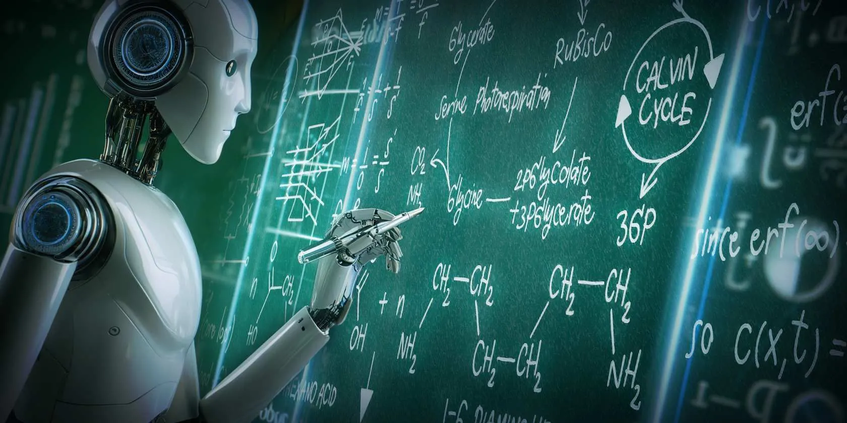Robot AI đang giải bài toán phức tạp trên bảng xanh, minh họa khả năng suy luận đa bước của AI.