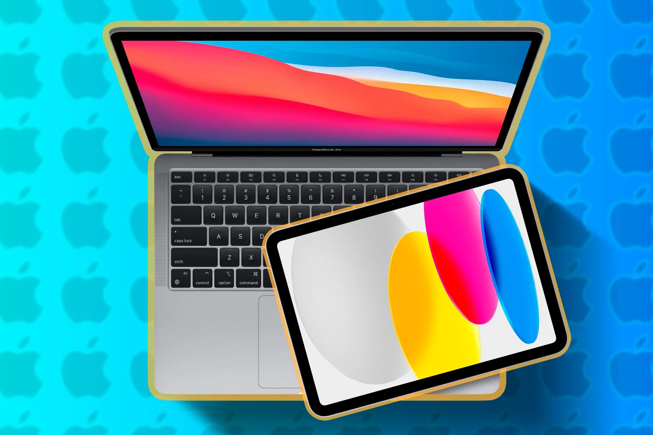So sánh kích thước giữa MacBook và iPad, làm nổi bật sự khác biệt về tính di động.