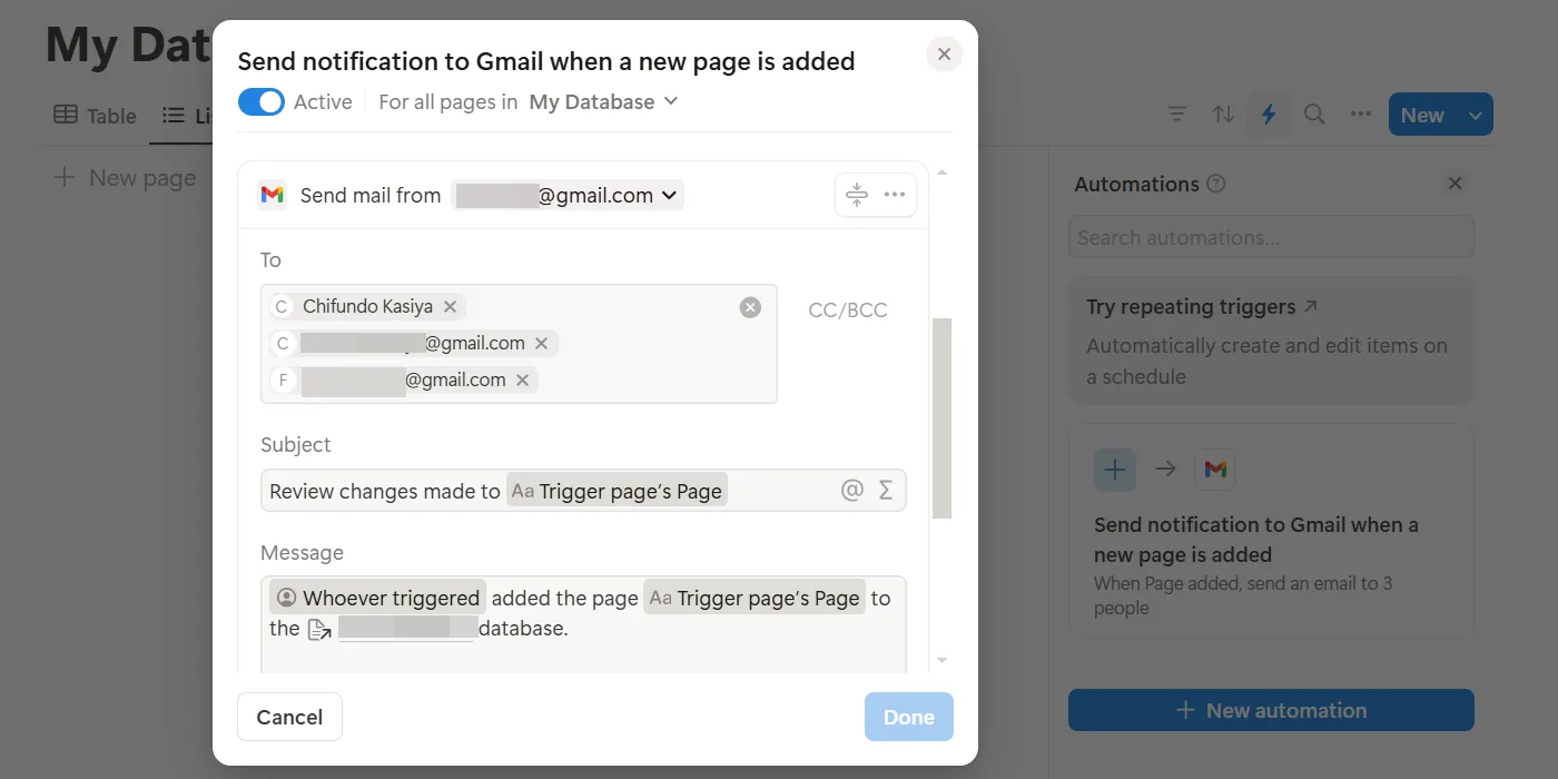 Thiết lập tự động hóa gửi email Gmail từ Notion.