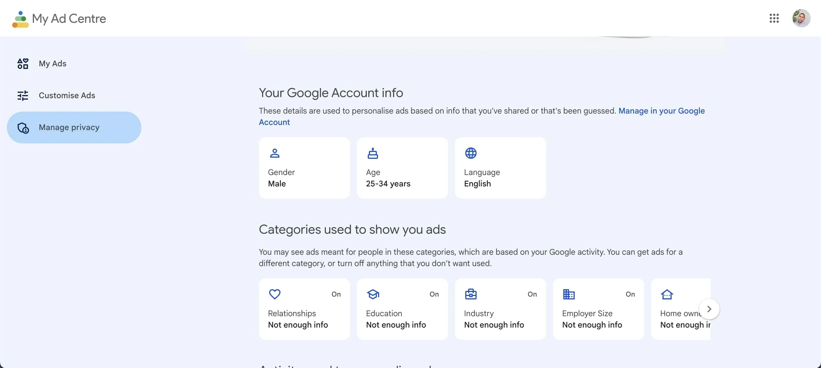 Trang cài đặt quyền riêng tư trung tâm quảng cáo Google