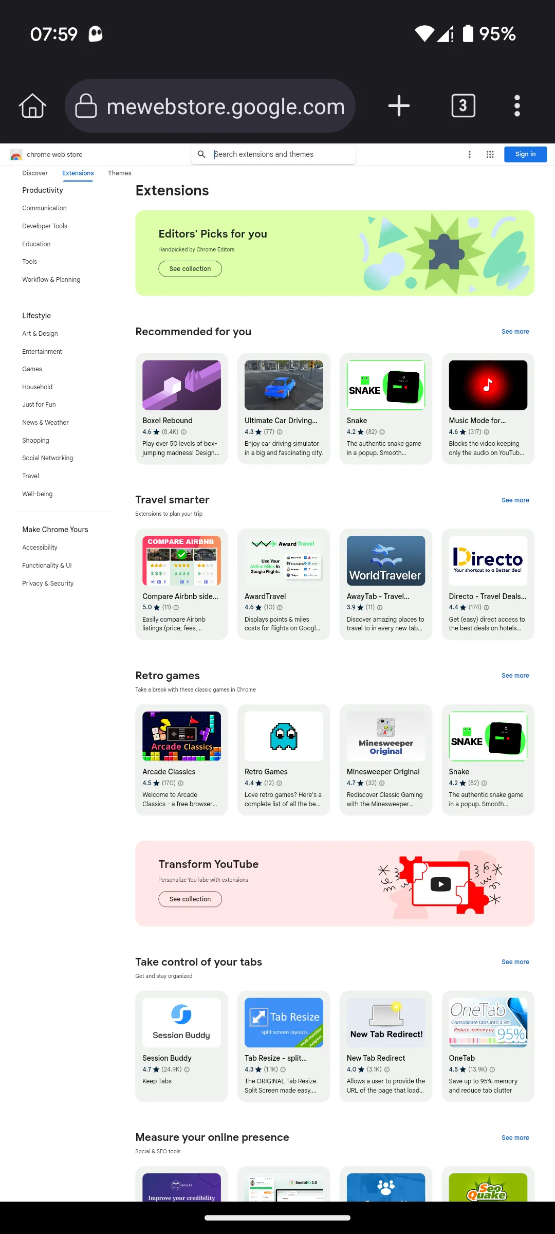 Trang chủ Chrome Web Store được hiển thị trong trình duyệt Kiwi Browser để tìm kiếm tiện ích.