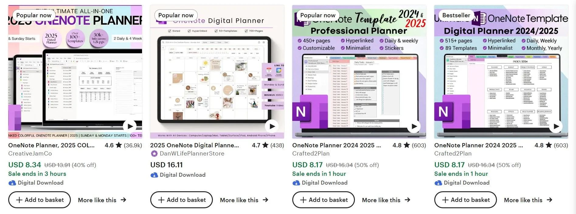 Trang kết quả tìm kiếm Etsy hiển thị nhiều lựa chọn mẫu OneNote số hóa từ các nhà thiết kế độc lập.