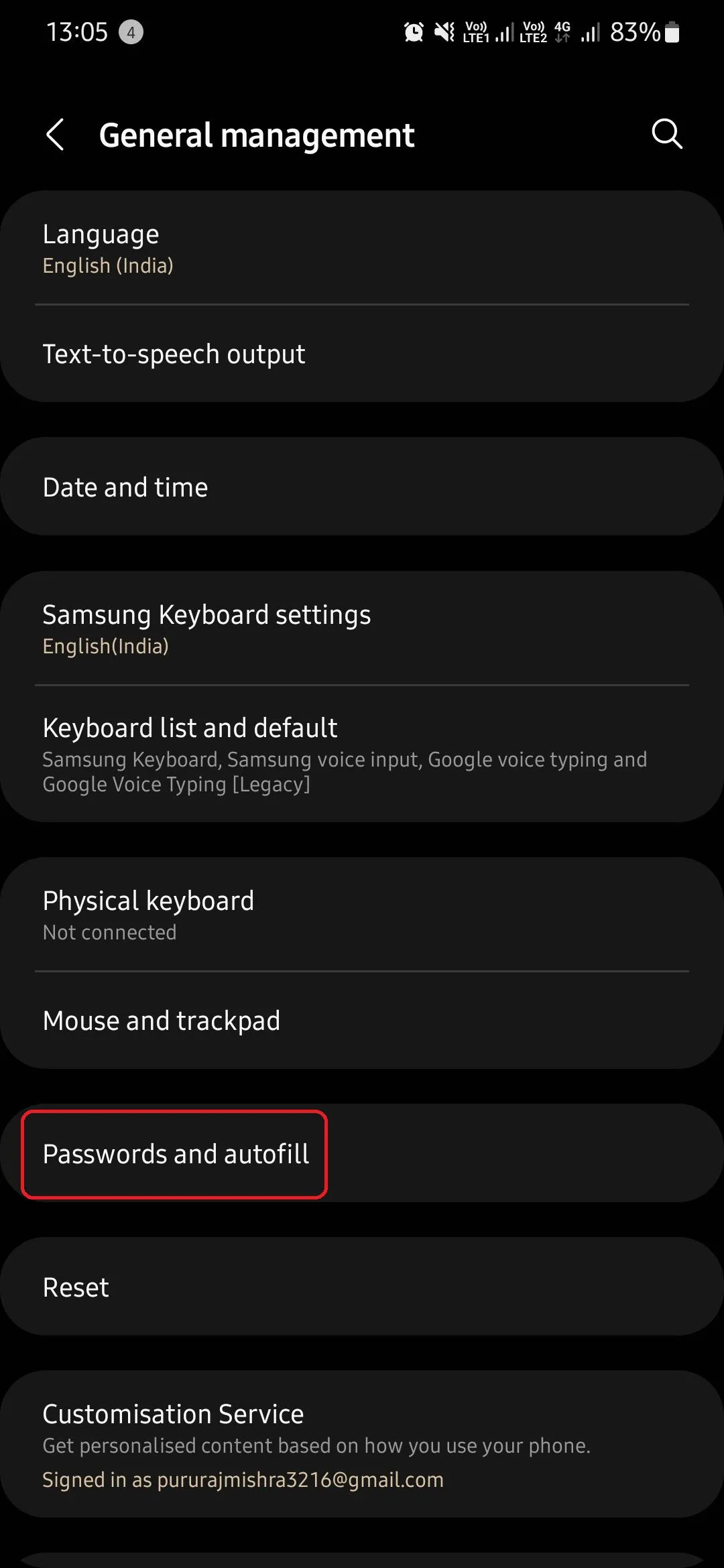 Tùy chọn Mật khẩu và tự động điền trong phần Quản lý chung trên Samsung One UI