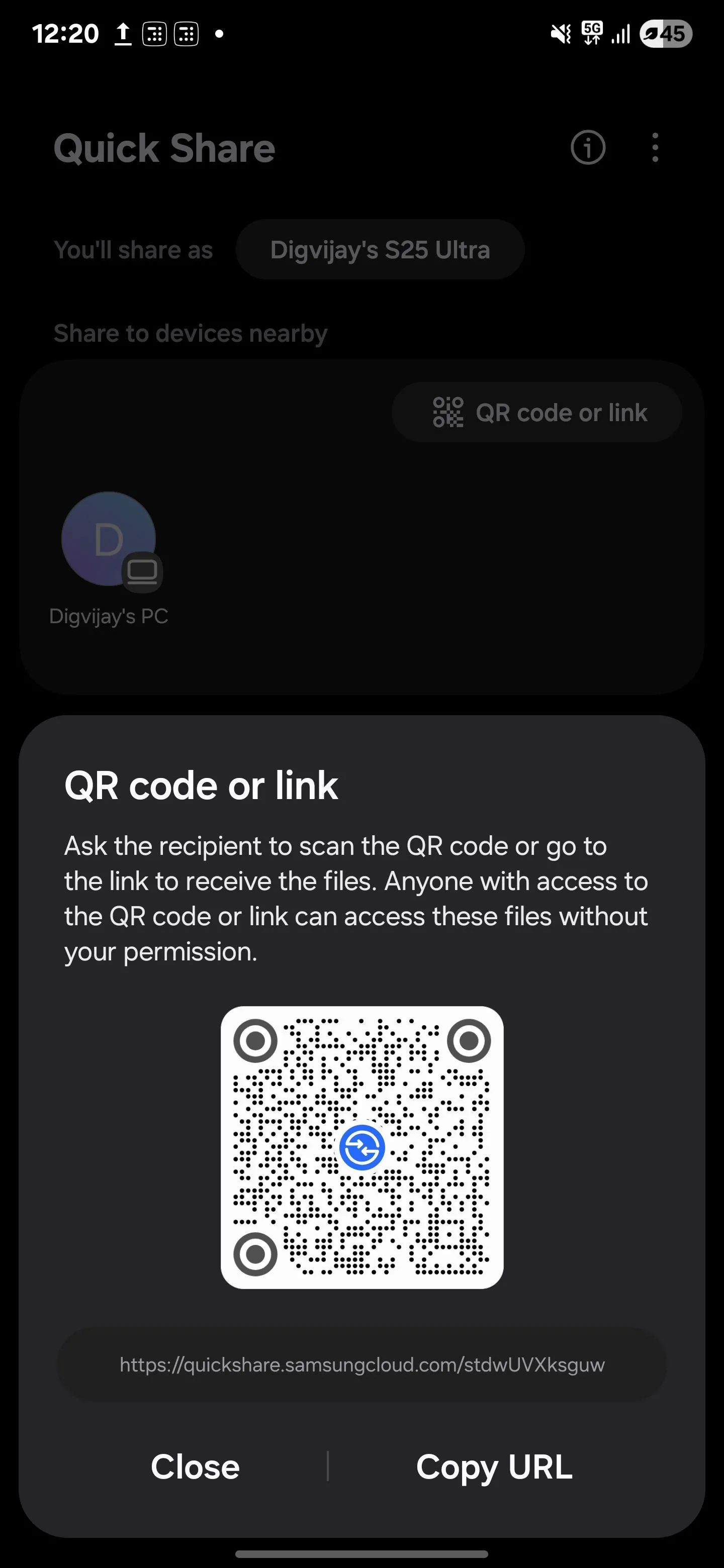 Tùy chọn tạo liên kết hoặc mã QR để chia sẻ file rộng hơn trong Quick Share của Samsung.
