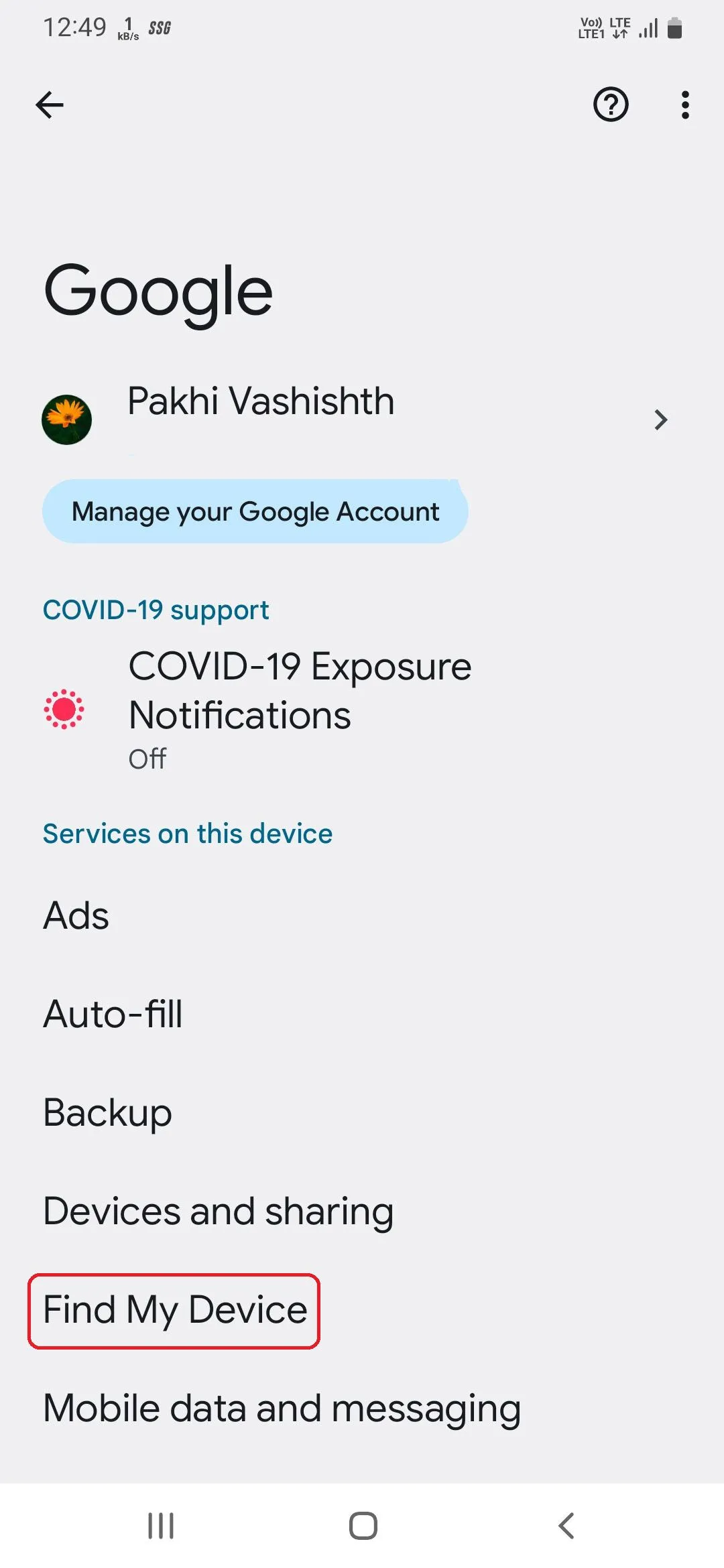 Tùy chọn Tìm thiết bị của tôi trong cài đặt Google trên Samsung Galaxy