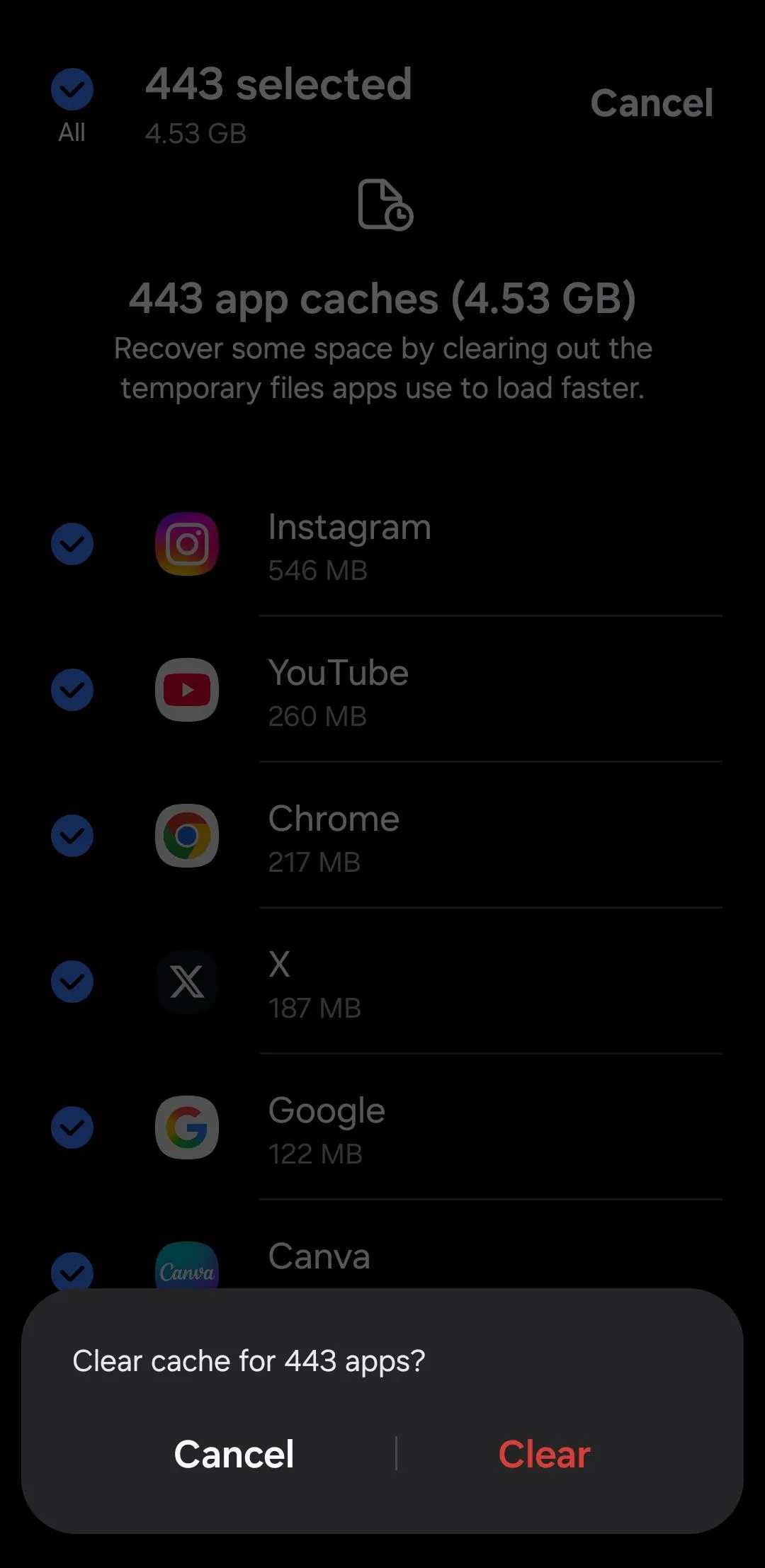 Tùy chọn xóa toàn bộ bộ nhớ đệm (cache) của các ứng dụng trên điện thoại Samsung One UI