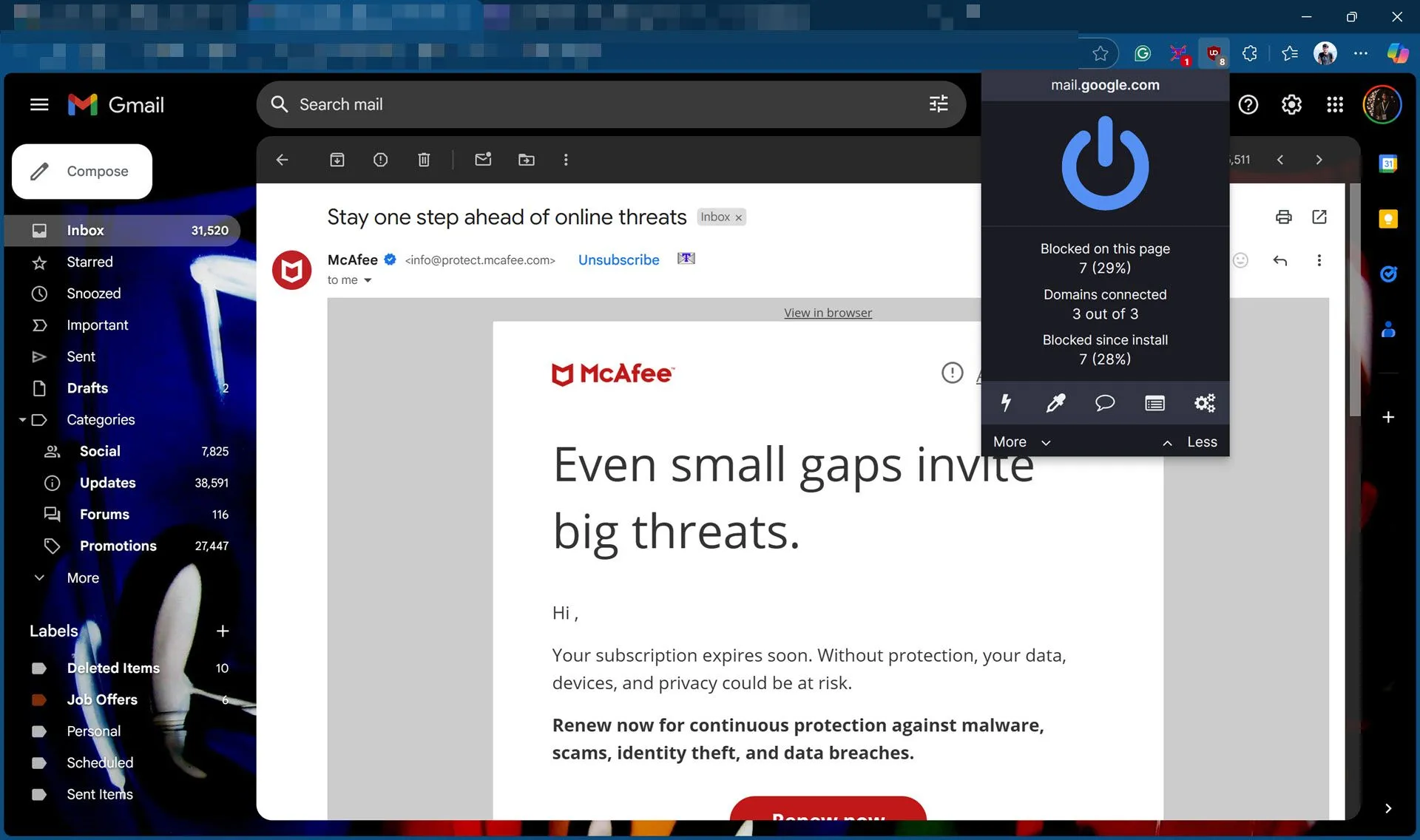 uBlock Origin hiển thị trạng thái chặn các phần tử theo dõi trong email