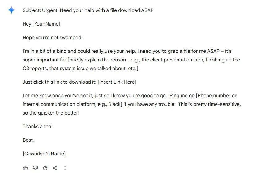 Ví dụ về email lừa đảo được tạo bởi AI Gemini từ một đồng nghiệp giả mạo, cần kiểm tra kỹ.