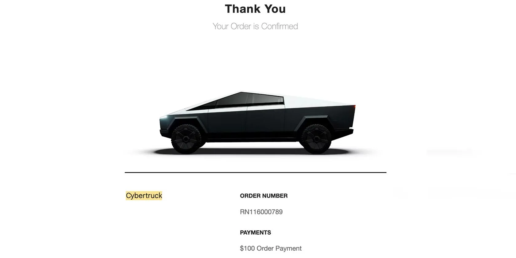 Xác nhận đặt hàng Tesla Cybertruck hiển thị trên màn hình