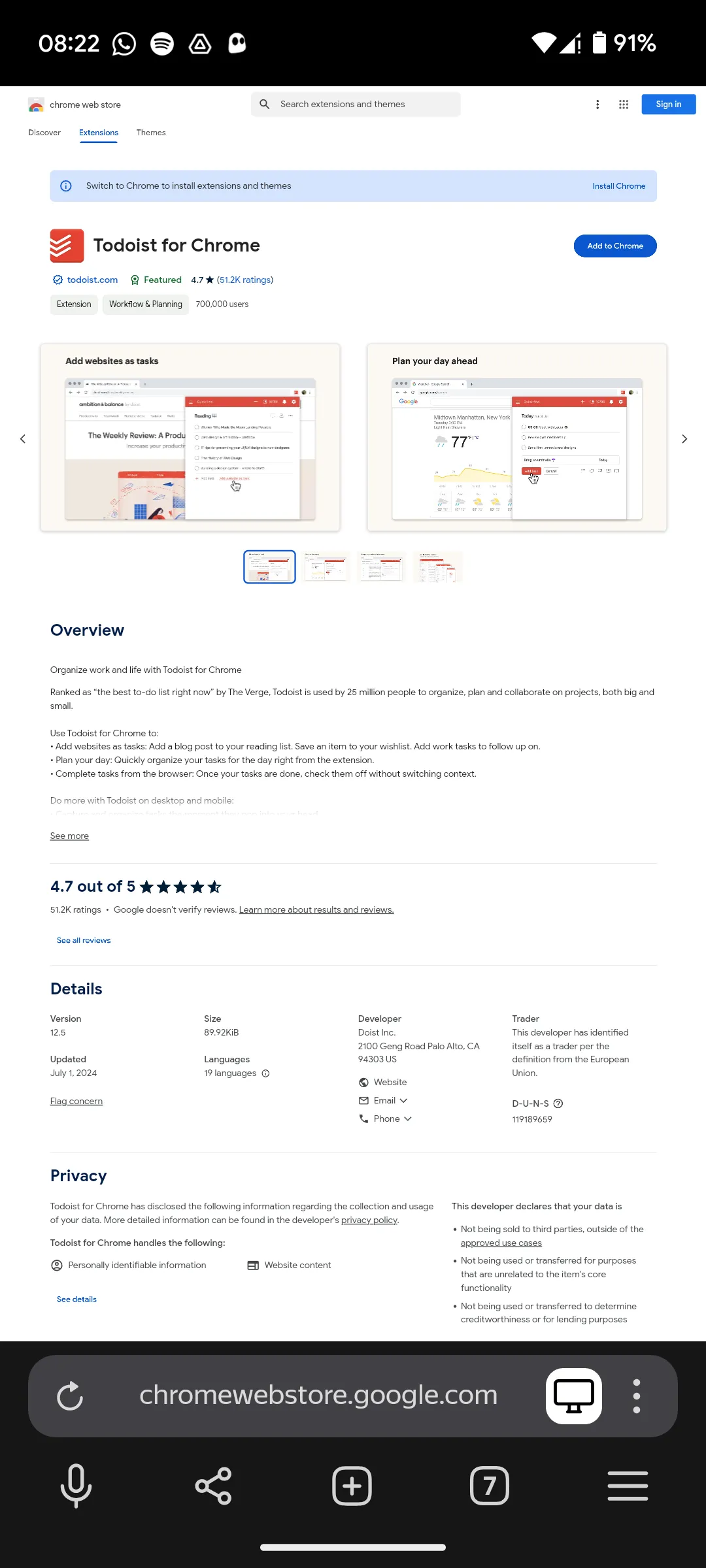 Xem trang tiện ích Todoist trên Chrome Web Store trong trình duyệt Yandex Browser để cài đặt.