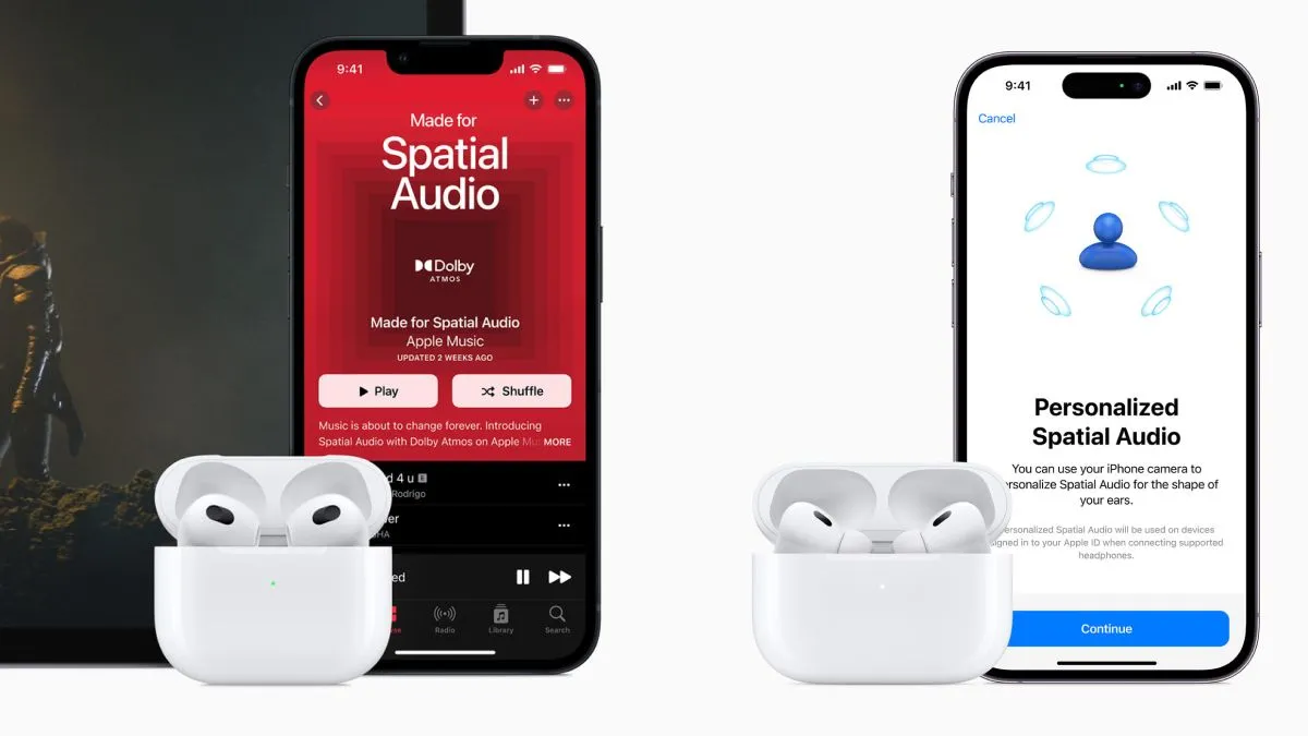 AirPods 3 và AirPods Pro 2 cạnh iPhone 13 và iPhone 14 Pro, minh họa tính năng Âm thanh không gian của Apple Music