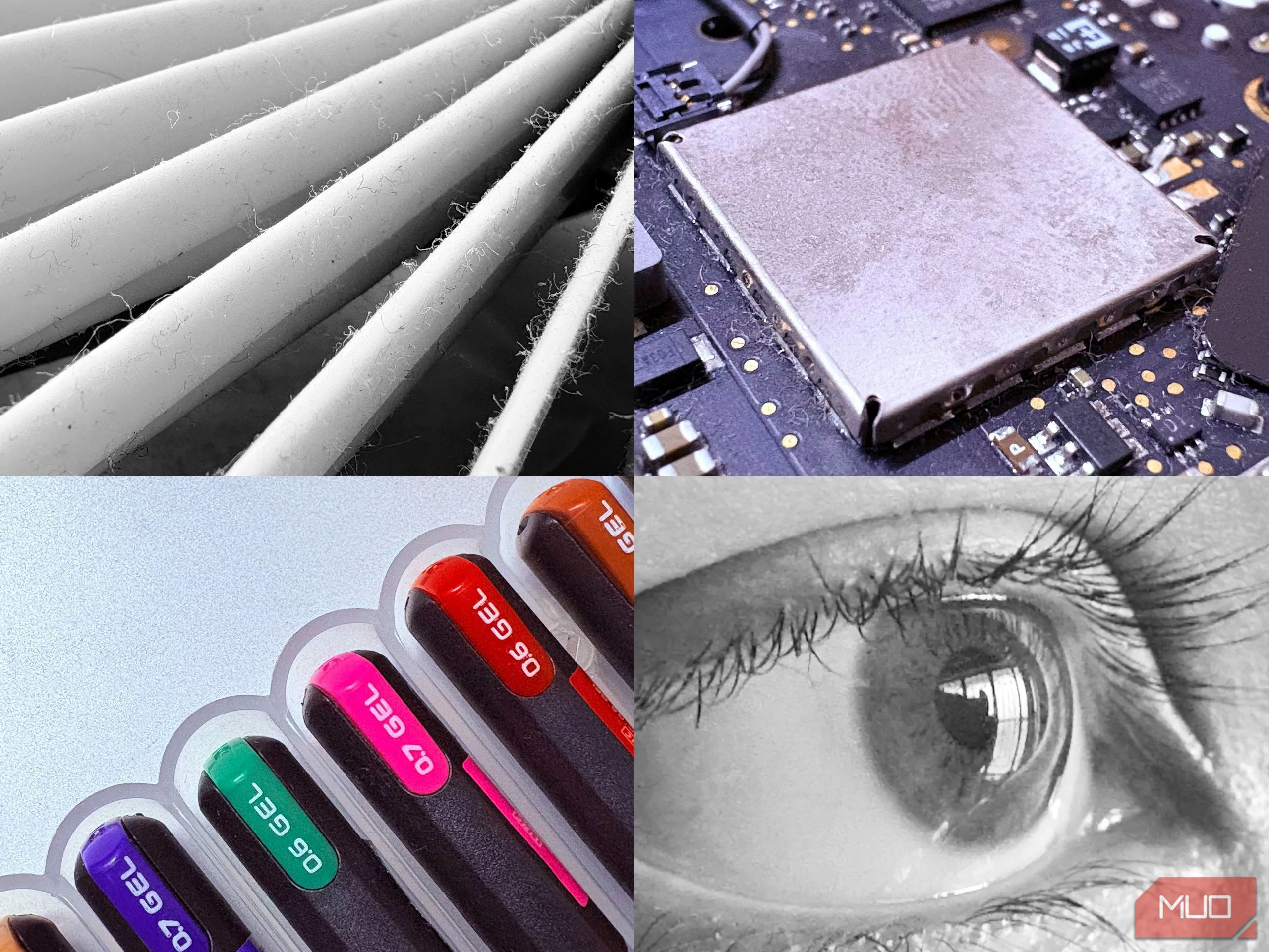 Ảnh chụp chế độ macro trên iPhone 16 về các vật dụng thông thường như đầu bút chì và ốc vít