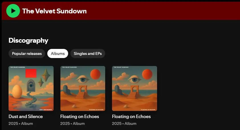 Ảnh chụp màn hình các album của The Velvet Sundown được phát hành liên tiếp trong năm 2025, minh chứng lịch trình ra mắt dày đặc của ban nhạc AI