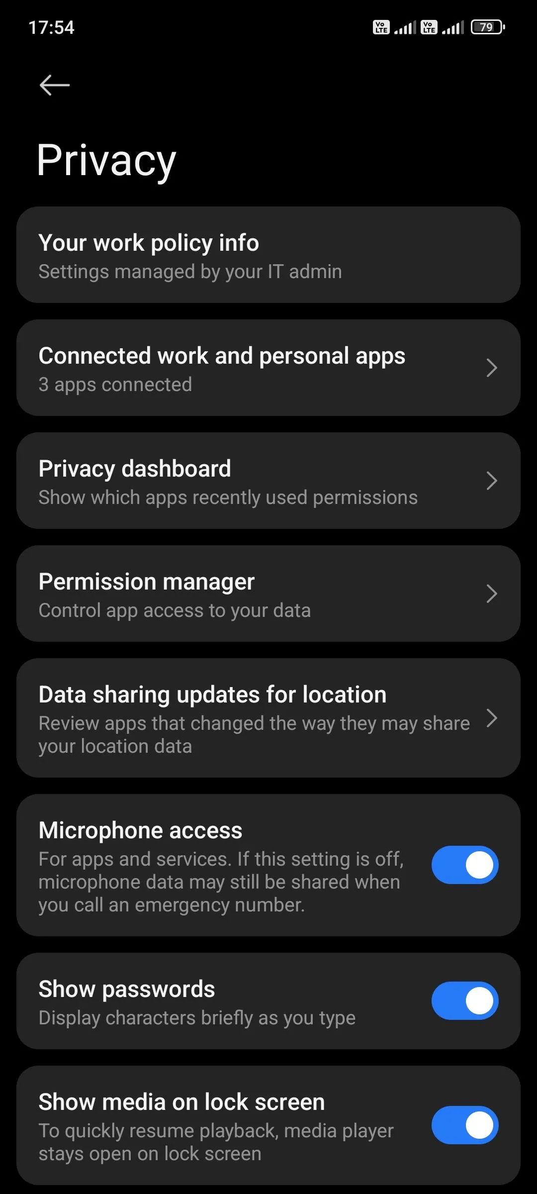 Ảnh chụp màn hình cài đặt quyền riêng tư trên thiết bị Android, hiển thị tùy chọn 'Trình quản lý quyền' để quản lý các quyền ứng dụng.