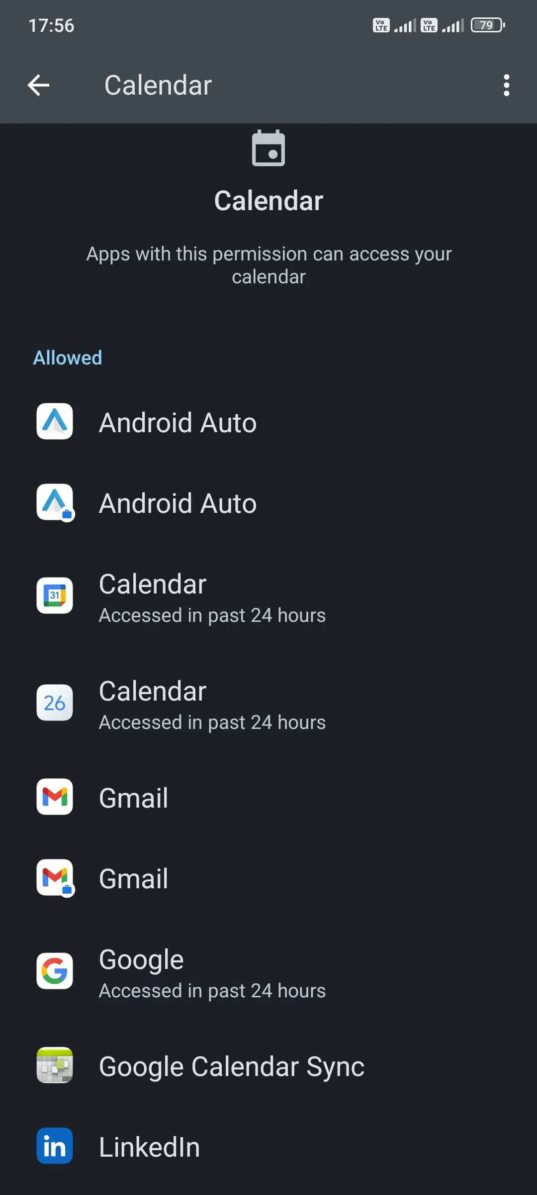 Ảnh chụp màn hình danh sách các ứng dụng được phép truy cập lịch trên thiết bị Android, minh họa cách kiểm soát quyền cho từng ứng dụng.