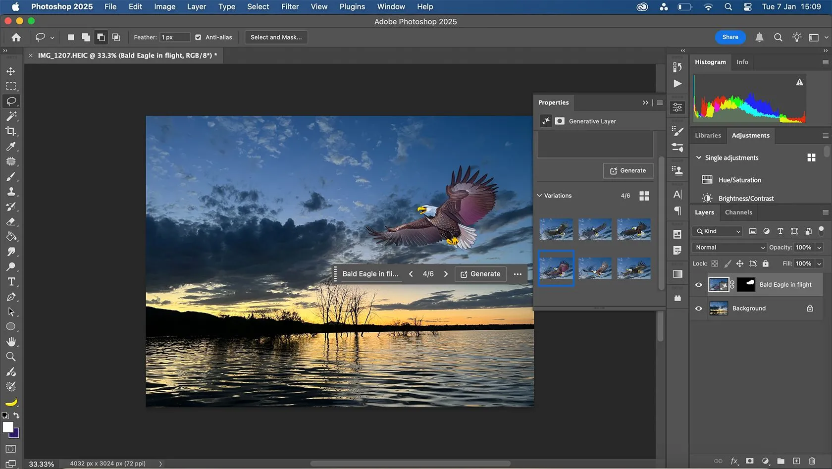 Ảnh chụp màn hình Photoshop với tính năng Generative AI đang hoạt động, hiển thị một con đại bàng hói được tạo ra liền mạch vào bức ảnh gốc bằng công nghệ Adobe Firefly AI.