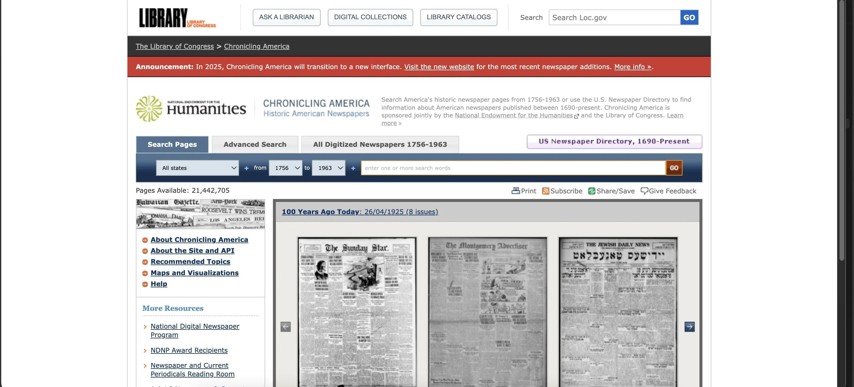 Ảnh chụp màn hình trang web Chronicling America