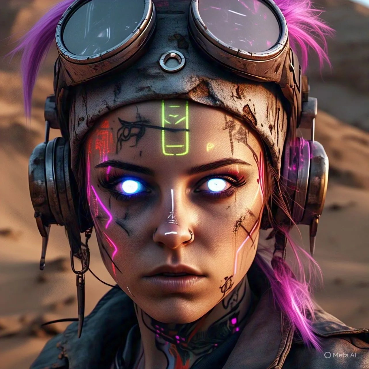 Ảnh tĩnh chân dung một phụ nữ cyberpunk trong sa mạc hoang tàn